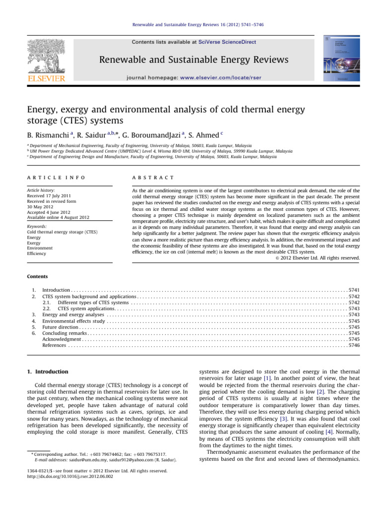 Energy, Exergy and Environmental Analysis of Cold Thermal Energy | PDF ...