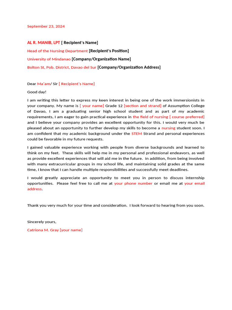 Nursing Internship Application Letter | PDF