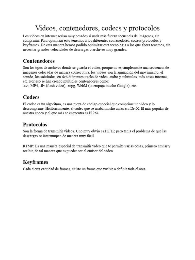 Videos, Contenedores, Codecs y Protocolos | PDF