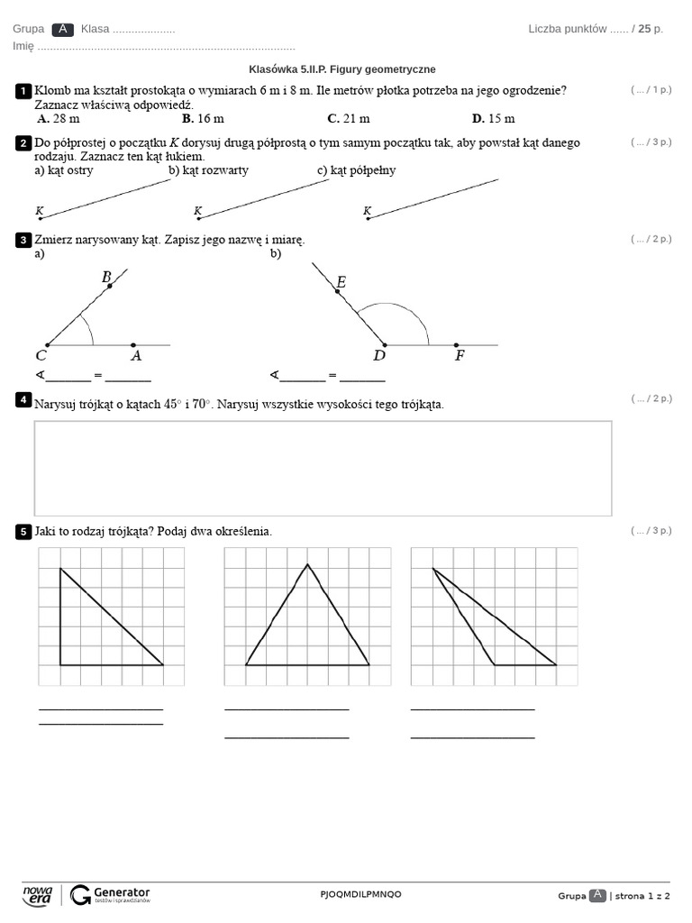 Figury Geometryczne Klasa 4 Pdf Klasówka 5.II.P. Figury Geometryczne Test (Z Widoczną Punktacją) | PDF