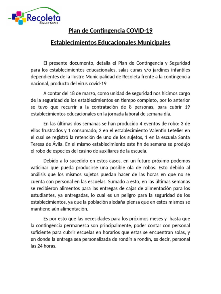 Plan de Contingencia COVID-19 Educacional | PDF | Salud y bienestar