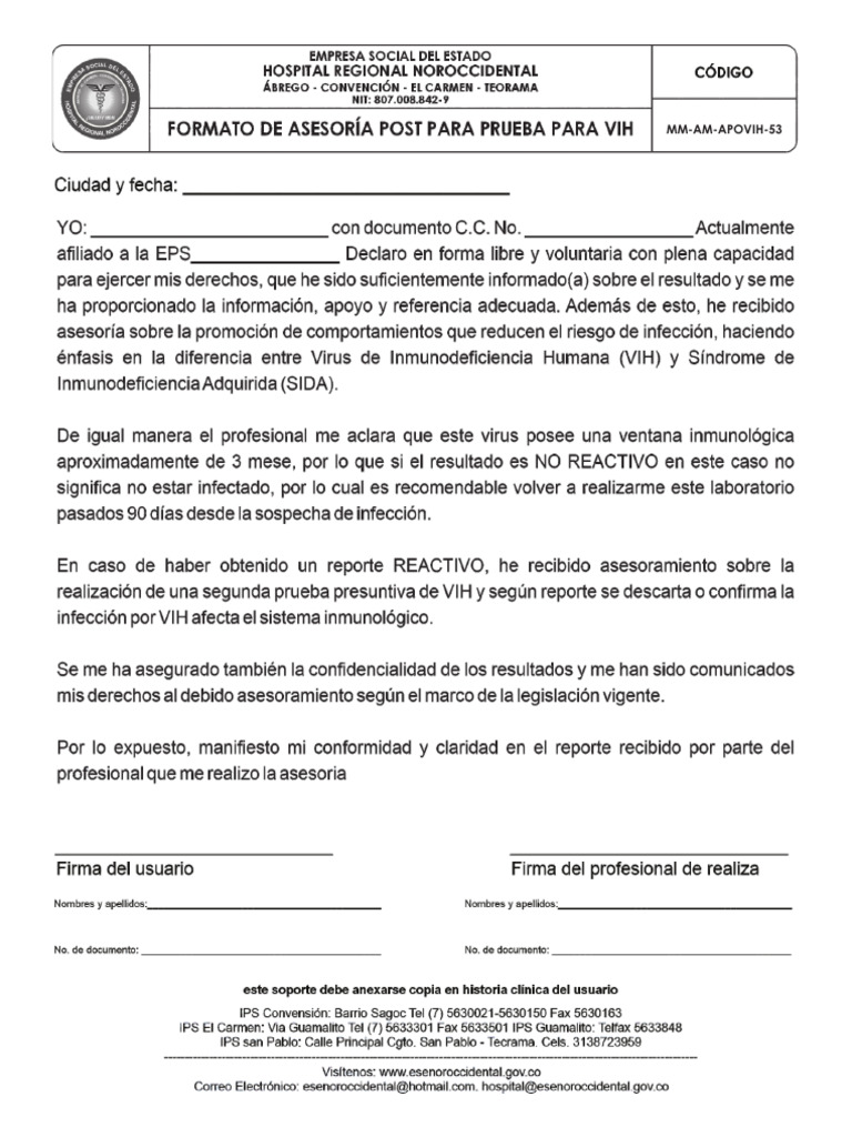 Formato de Asesoria Post para Prueba de VIH | PDF