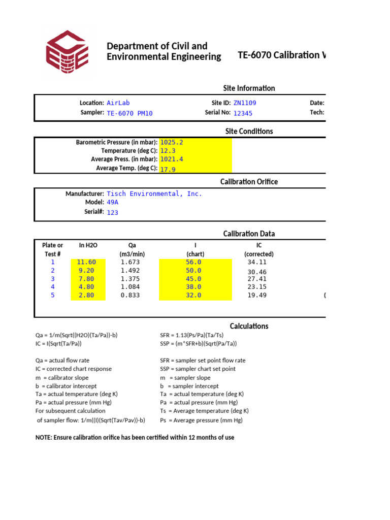 TE 6070 Calibration Worksheet PM10 2024-02-09AM GroupA | PDF ...