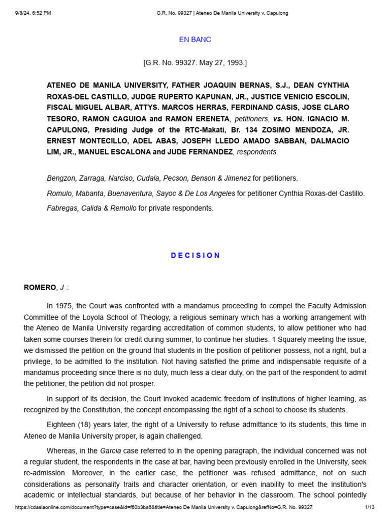 I-B-2-13 Ateneo de Manila University v. Capulong (1993) | PDF ...