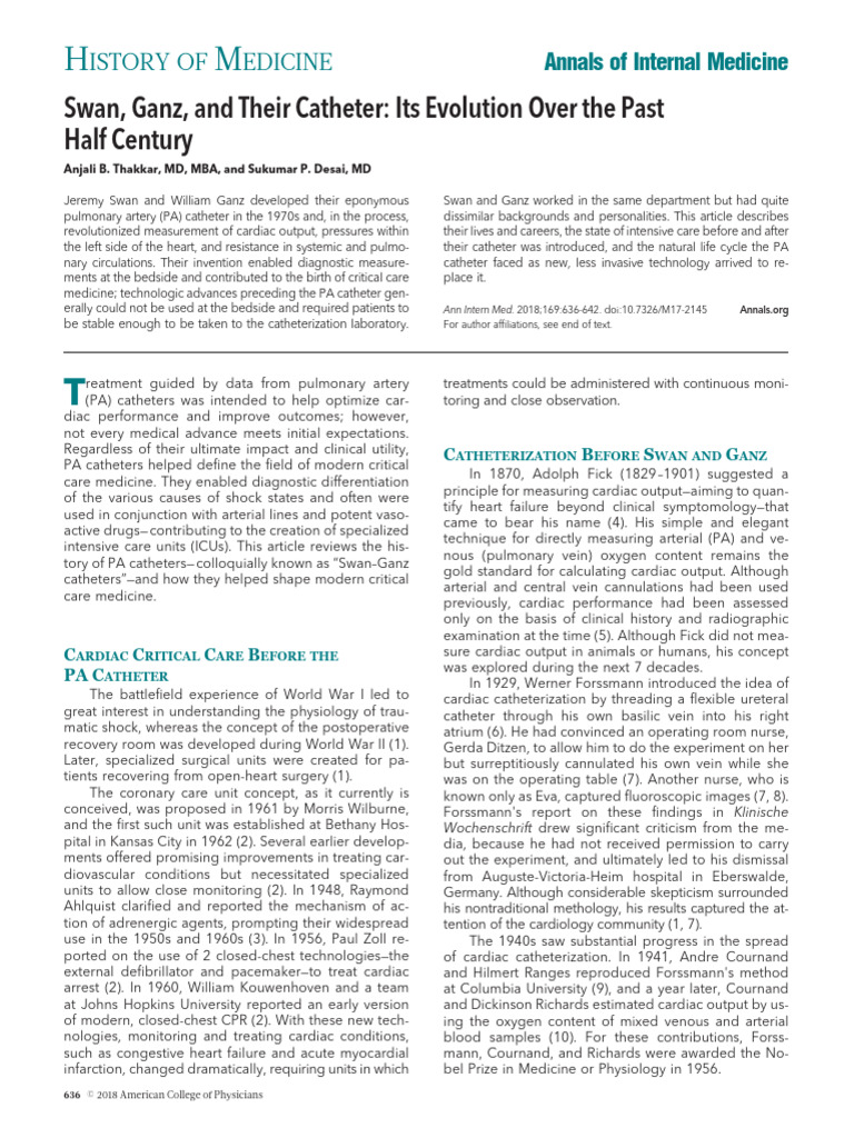 Swan, Ganz, and Their Catheter: Its Evolution Over The Past Half ...