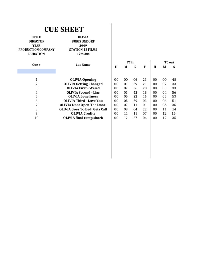 Olivia Film Cue Sheet Details | PDF
