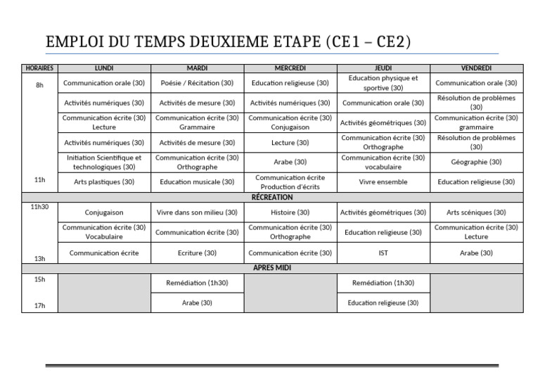 Emploi du Temps CE1-CE2 2024 | PDF | Linguistique