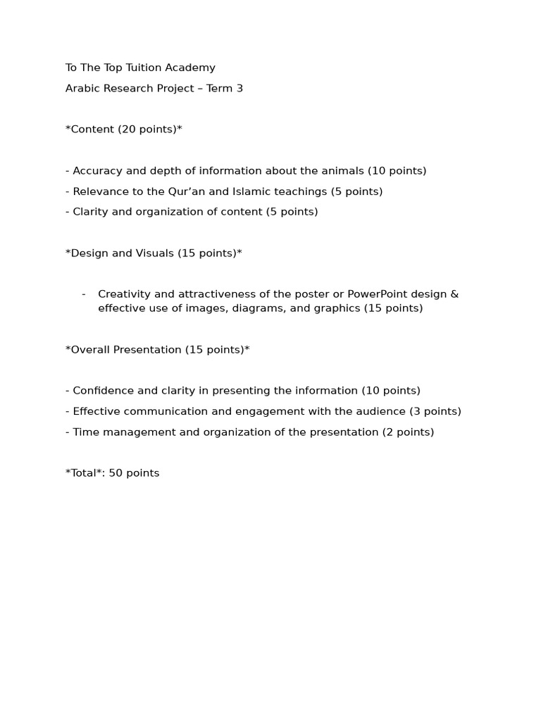 Arabic Research Project Grading Criteria | PDF | Business