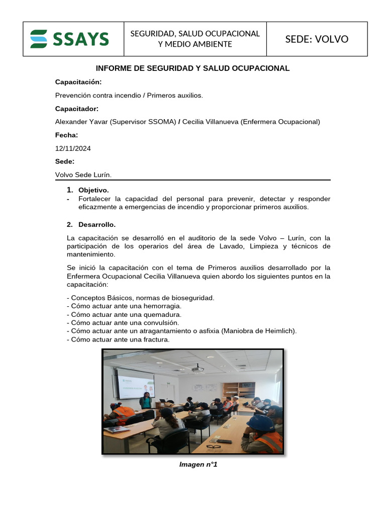 Informe de Seguridad y Salud Ocupacional | PDF | Primeros auxilios ...