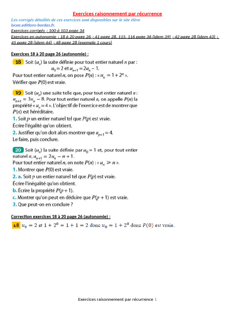 Exercices corrigés de récurrence | PDF | Méthodes et références ...