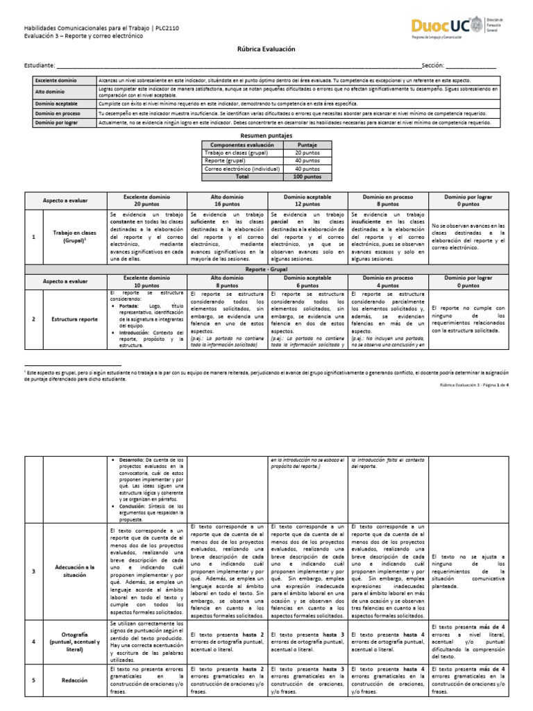 PLC2110 - Evaluación 3 - Rúbrica | PDF | Evaluación