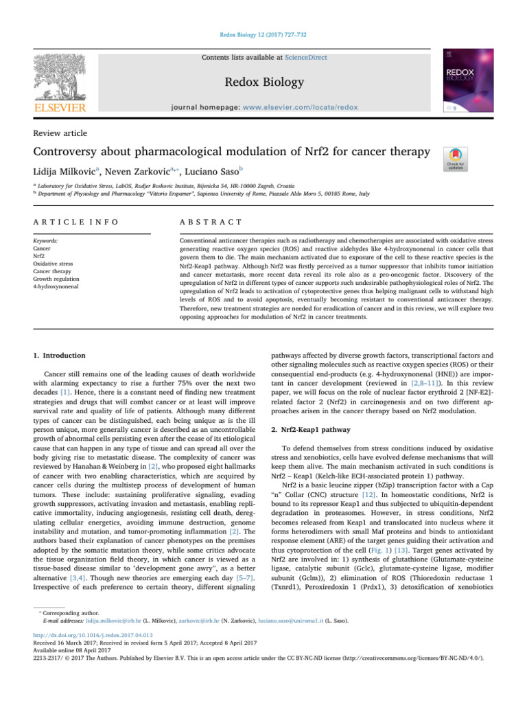 Nrf2 Modulation in Cancer Therapy Debate | PDF | Reactive Oxygen ...