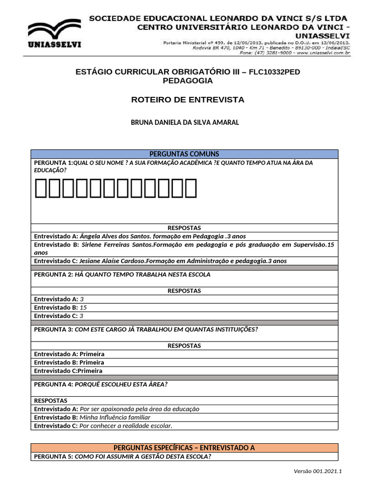 Roteiro de Entrevista Perguntas e Respostas Bruna Ok | PDF | Pedagogia
