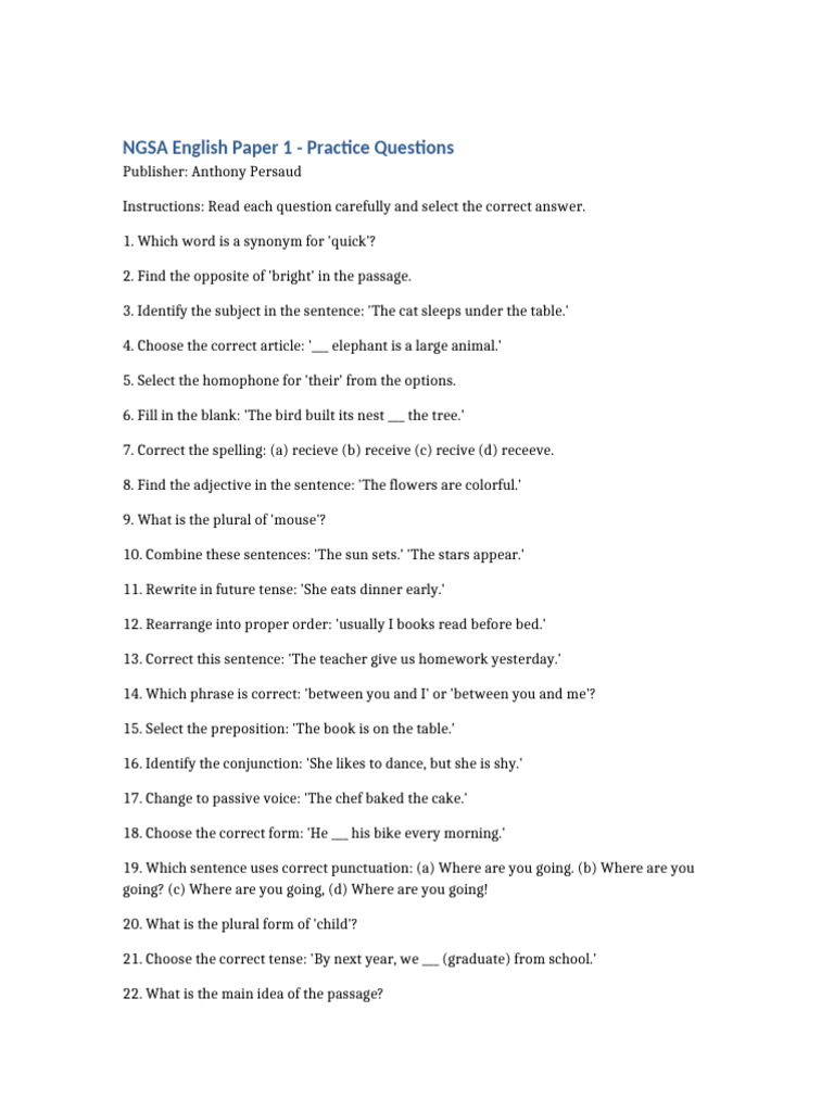 NGSA English Practice Questions Guide | PDF | English Language ...