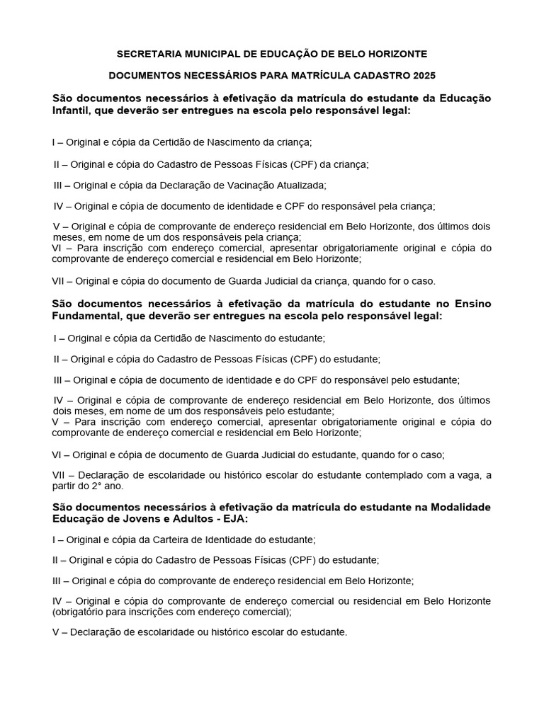 Documentos para Matrícula 2025 BH | PDF