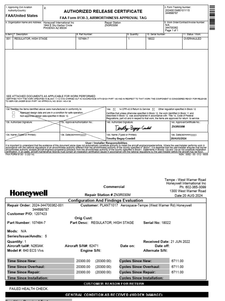 Part Number 107484-7 Part Desc Regulator High Stage Serial No 18022 ...
