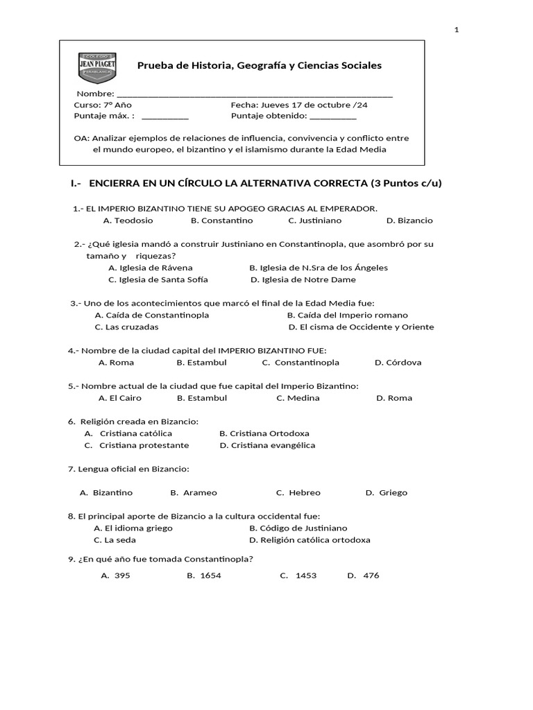 Prueba de Bizancio, Islam y Cruzadas | PDF | imperio Bizantino | Mahoma