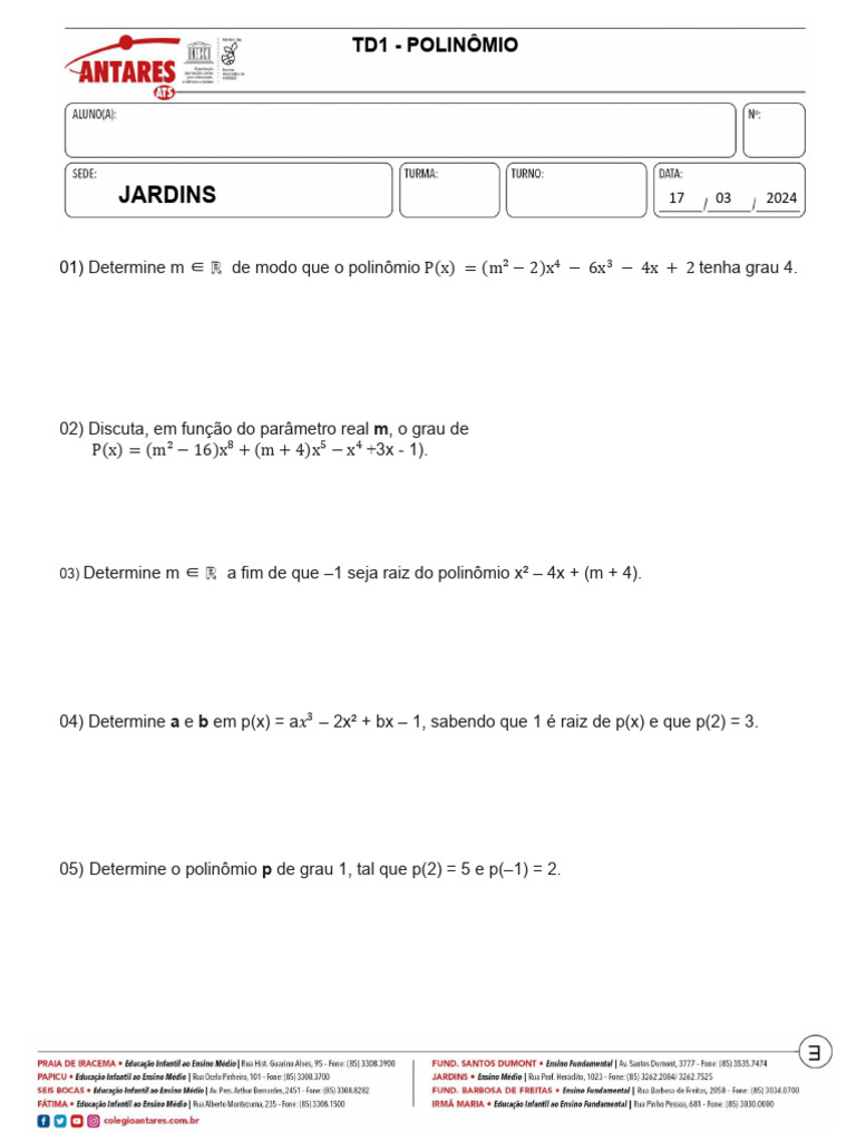 Exercícios de Polinômios e Raízes | PDF