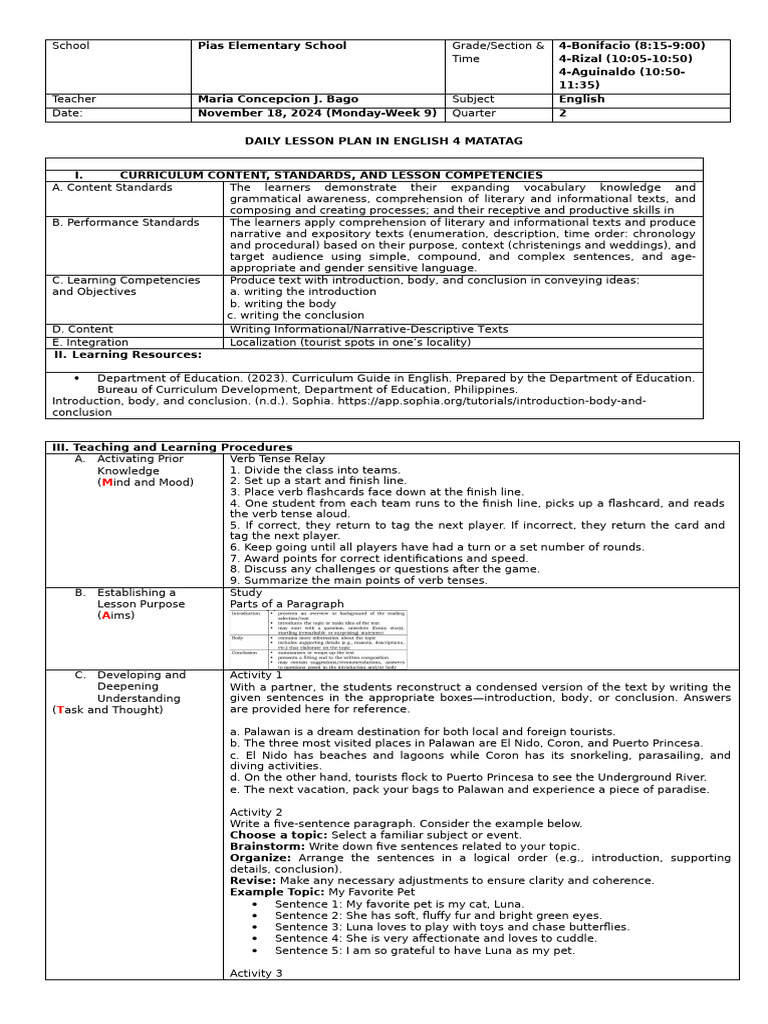 Grade 4 English Lesson Plan Week 9 | PDF | Reading Comprehension ...
