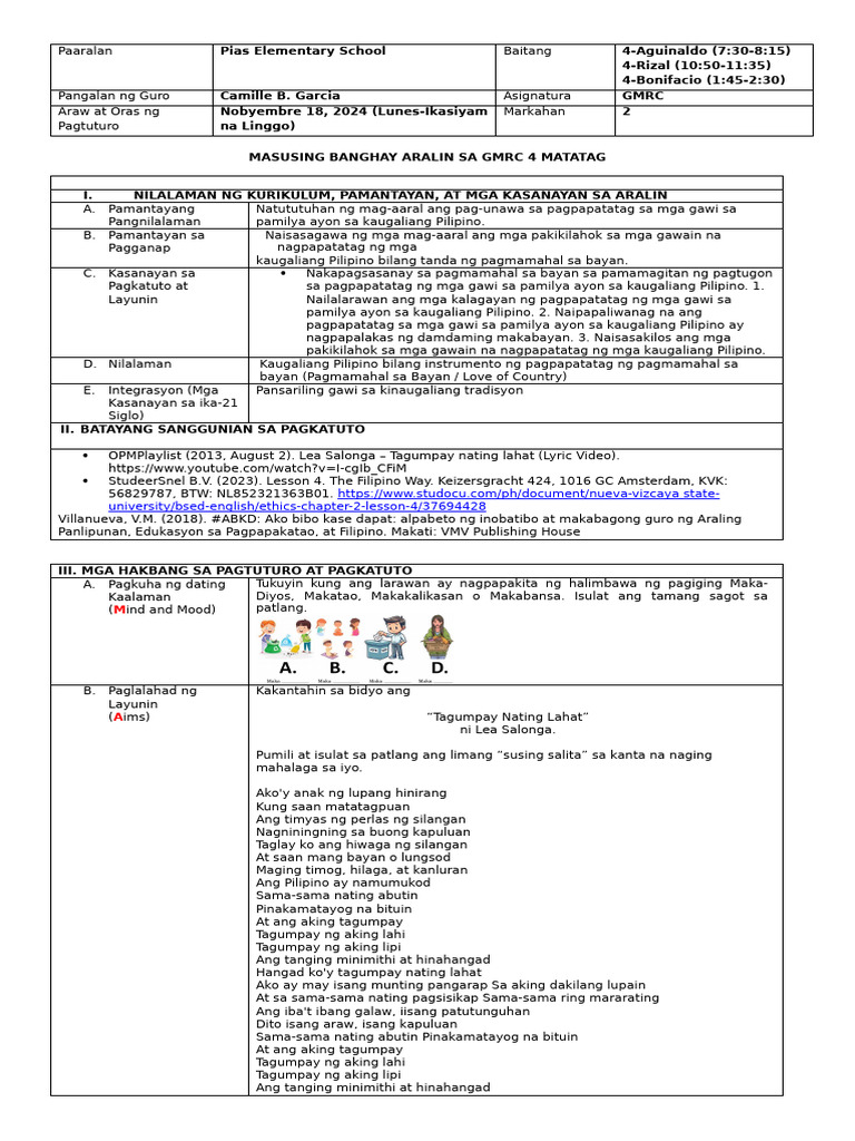 Week 9 DLP Matatag GMRC Grade 4 Quarter 2 | PDF