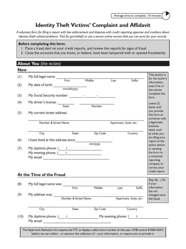FTC Identiry Theft Victim's Affidavit | PDF | Identity Theft | Identity ...