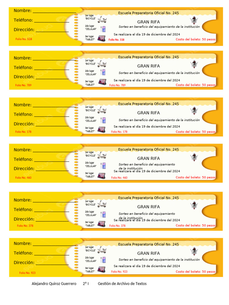 Boletos para Gran Rifa Escolar | PDF