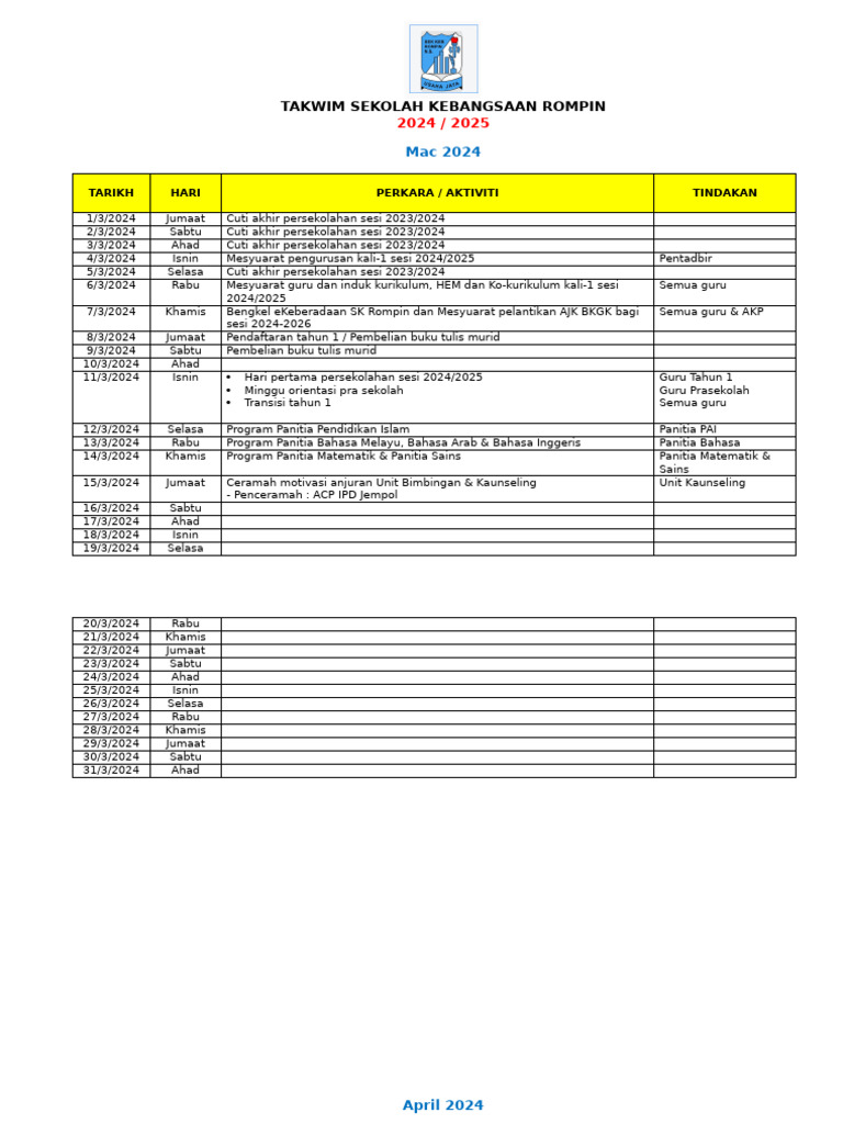Takwim SK Rompin 2024 | PDF