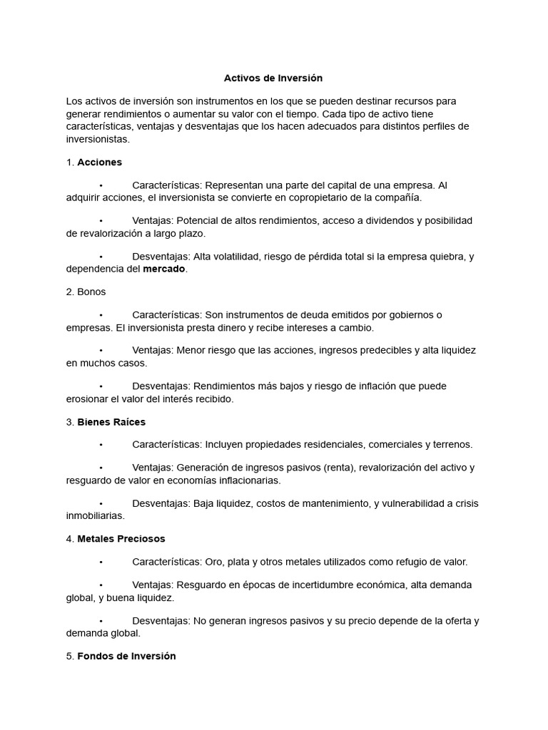 Tipos de Activos de Inversion | PDF | Inflación | Compartir (Finanzas)