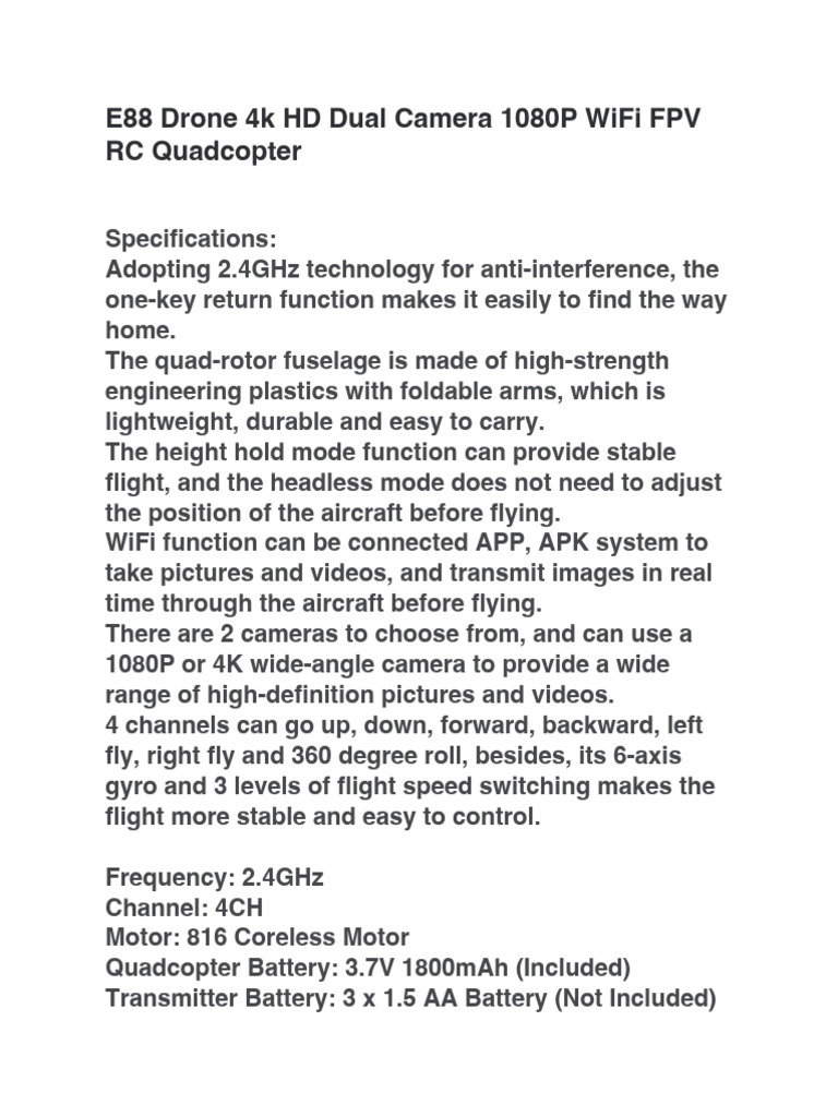 E88 Drone User Manual and Specs | PDF | Technology & Engineering