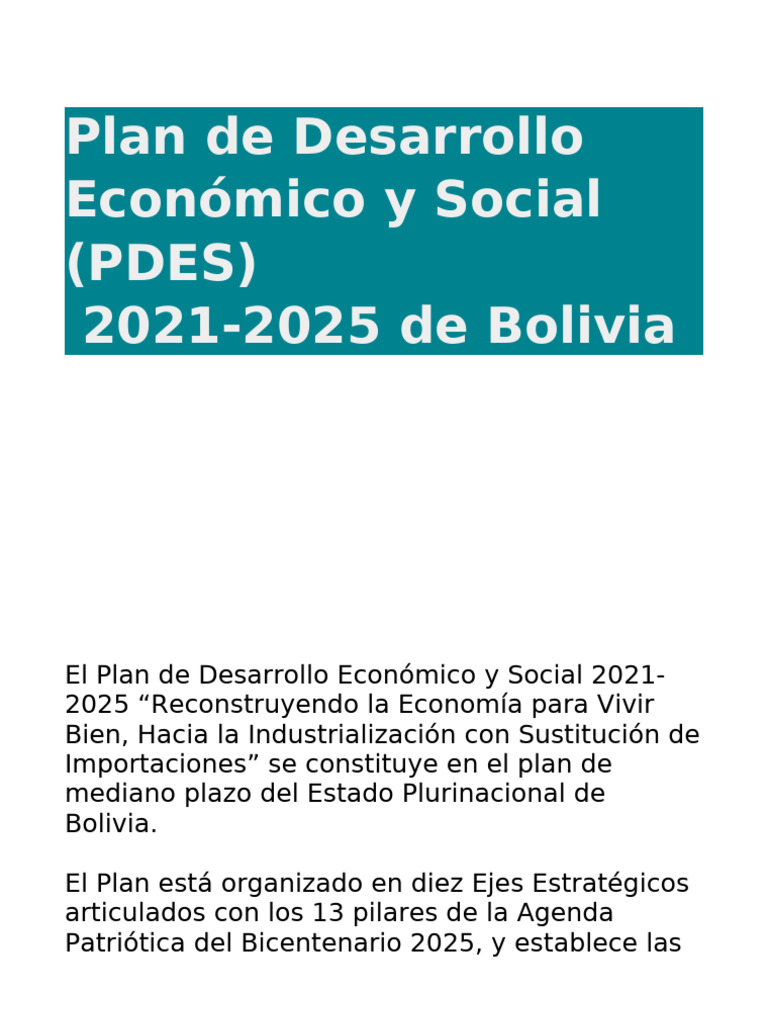 Plan de Desarrollo Económico y Social 2021-2025 | PDF | Bolivia | Economias