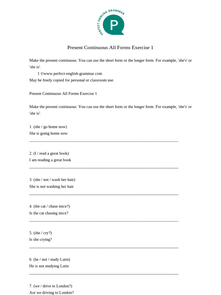 Present Continuous All Forms Exercise Jeinder | PDF