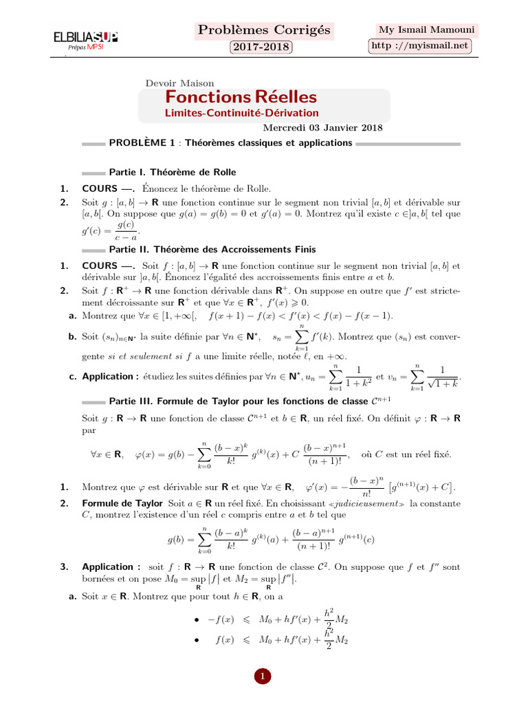 Problèmes corrigés sur les fonctions réelles | PDF | Mathématiques ...