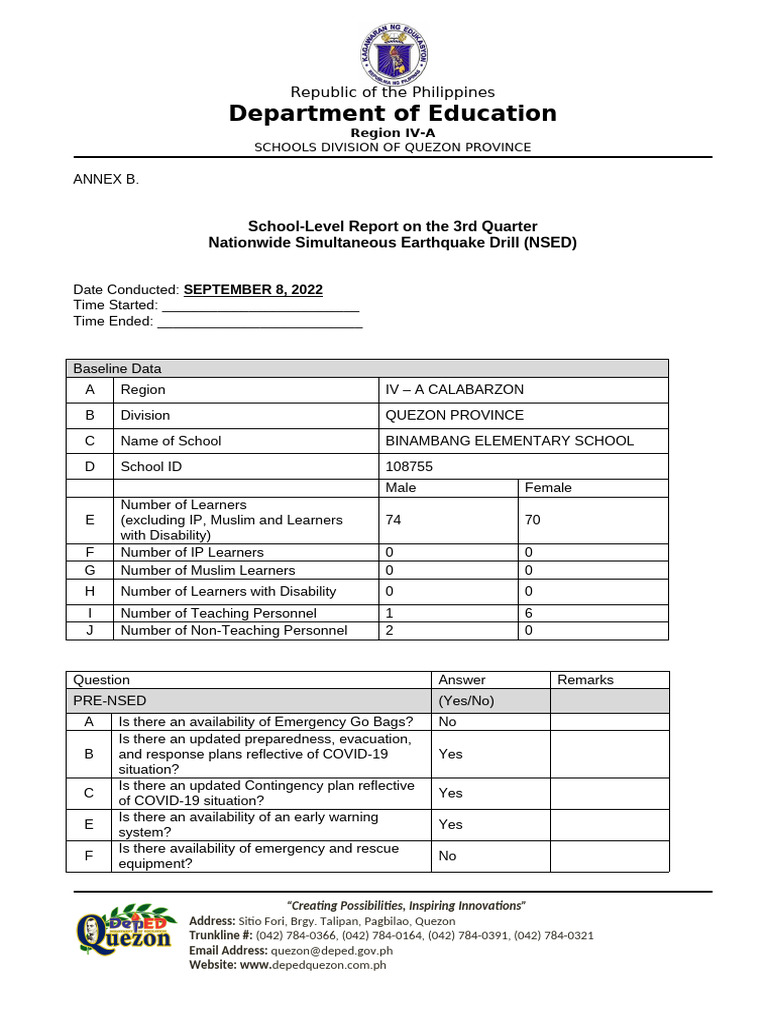 Binambang Elementary NSED Report | PDF | Emergency Management