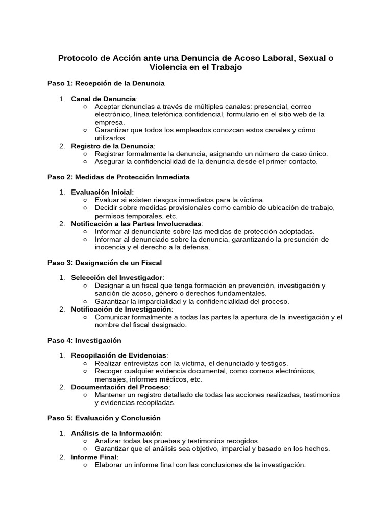 Protocolo de Acción Ante Una Denuncia de Acoso Laboral, Sexual o ...