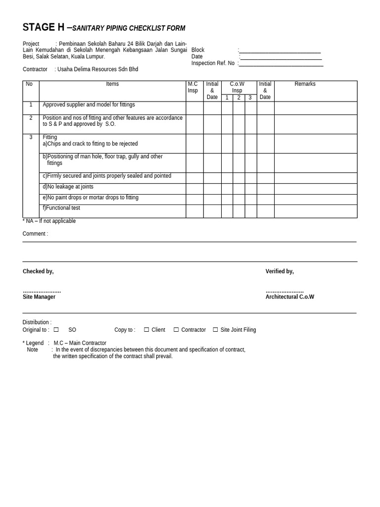 Stage H - Sanitary Piping Works Inspection Form | PDF