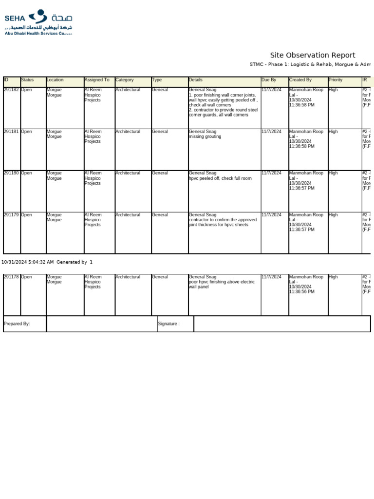 Morgue Construction Snag Report | PDF | Technology & Engineering