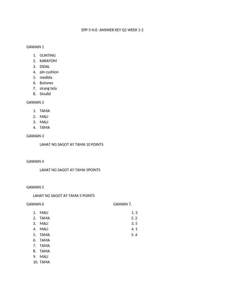 EPP 5 Answer Key Q1 Week 1-2 | PDF