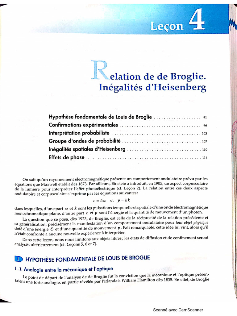 Leçon3 Relation de de Broglie Et Inégalités D'heisenberg Exercices PDF — free download