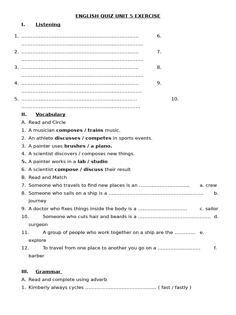 English Quiz: Unit 5 Exercises | PDF