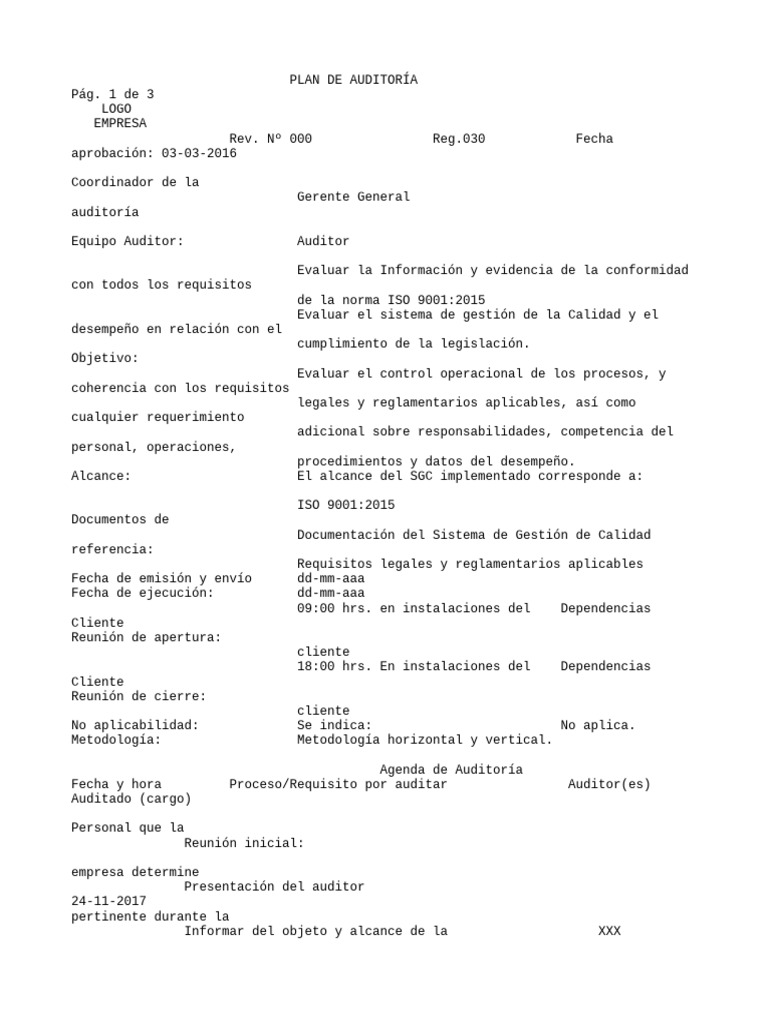 Plan de Auditoría ISO 9001:2015 | PDF | Auditoría | Sistema de manejo ...
