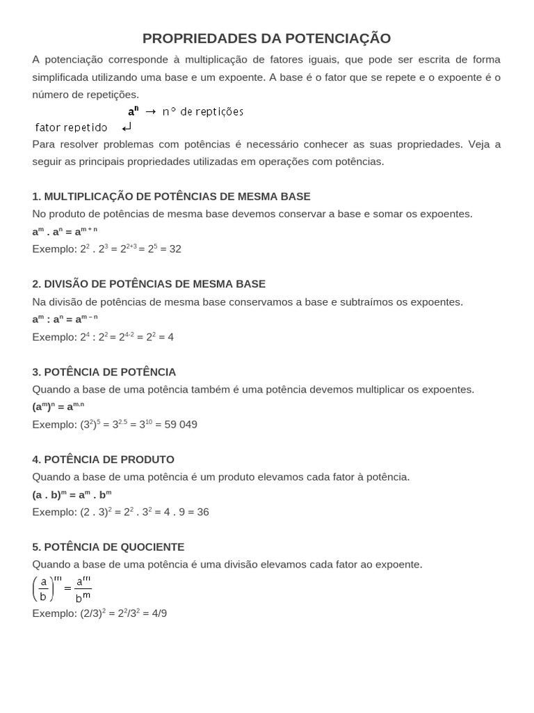 Propriedades da Potenciação | PDF
