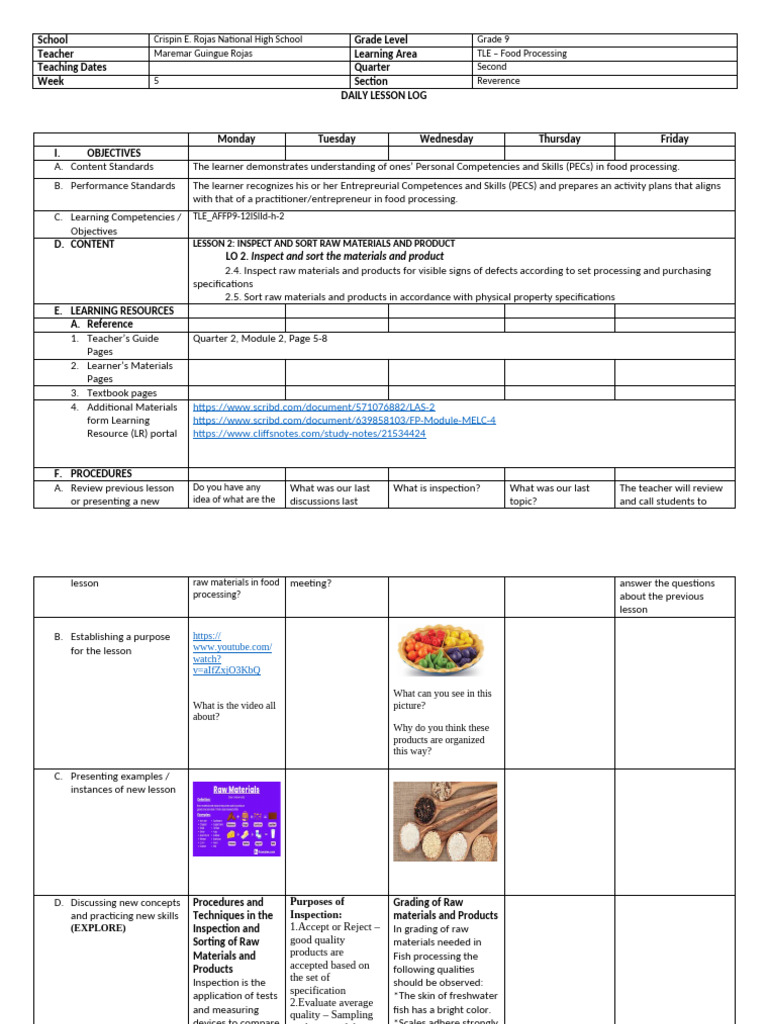 Grade 9 Food Processing Lesson Plan | PDF | Learning