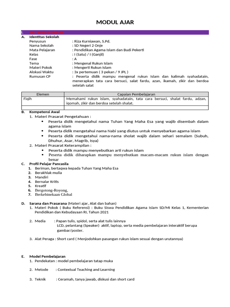 Modul Ajar PAI Kelas 1 Rukun Islam | PDF | Karier & Perkembangan ...