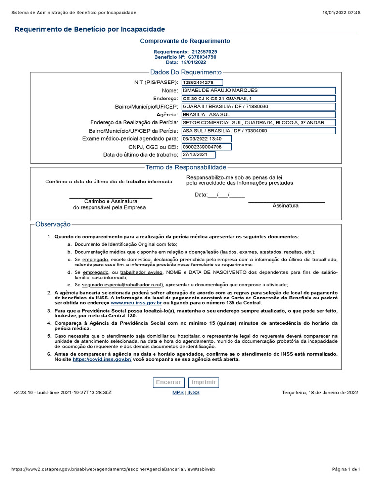Requerimento de Benefício por Incapacidade | PDF