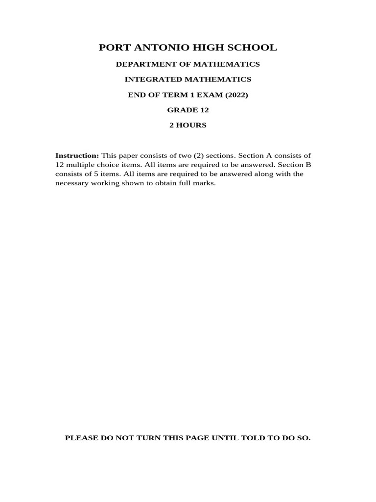 Grade 12 Integrated Math Exam 2022 | PDF | Multiple Choice | Numbers
