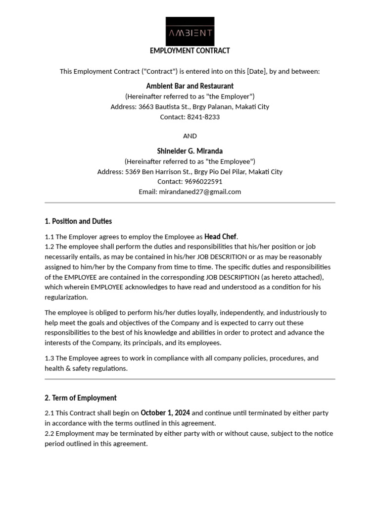 Employment Contract for Head Chef Position | PDF | Employment ...