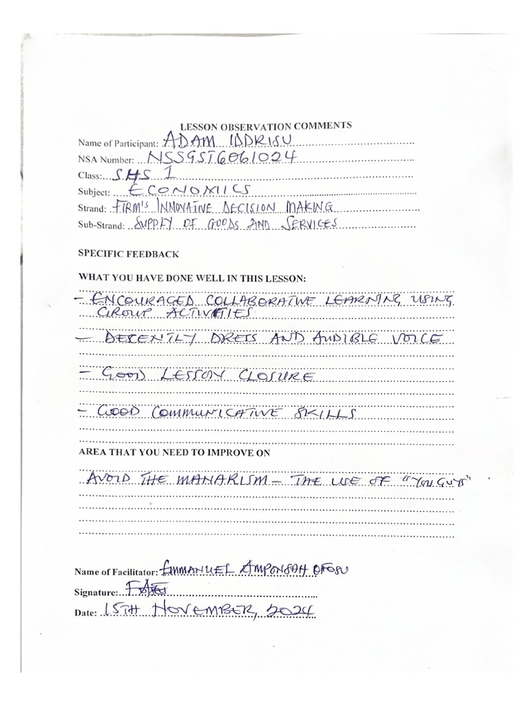 Lesson Observation Comments | PDF