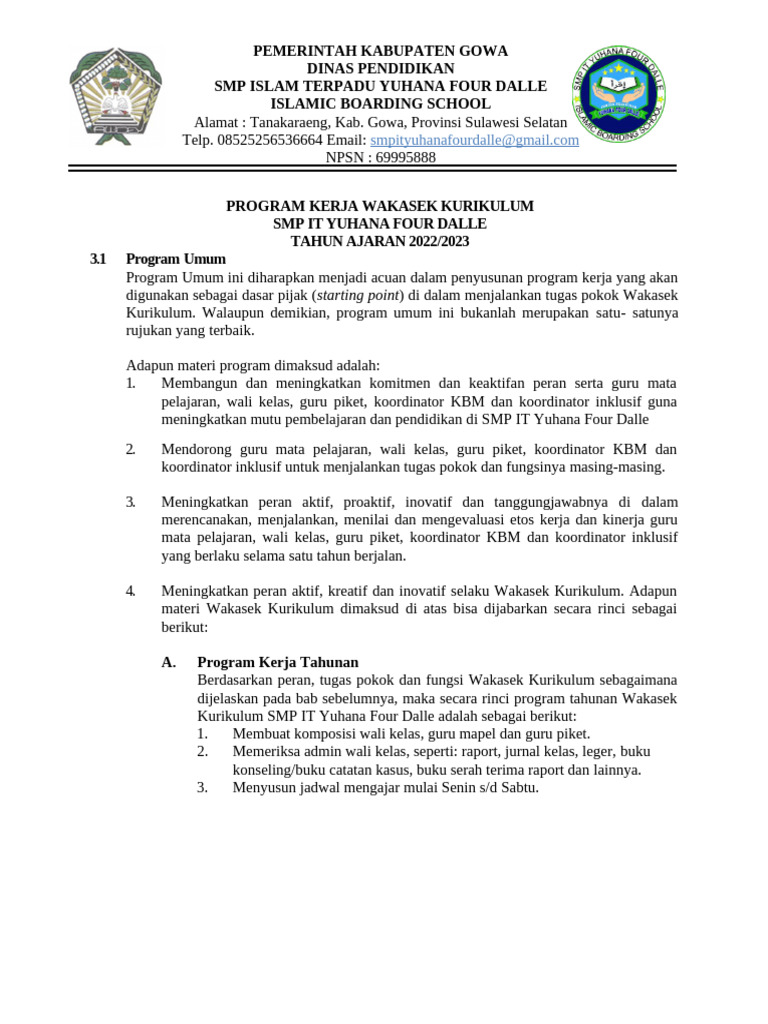 Program Kerja Wakasek Kurikulum SMP IT Yuhana | PDF | Karier ...