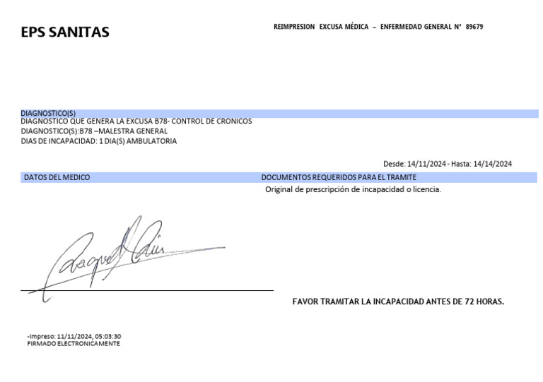 Excusa Médica EPS Sanitas - Gloria Tapias | PDF