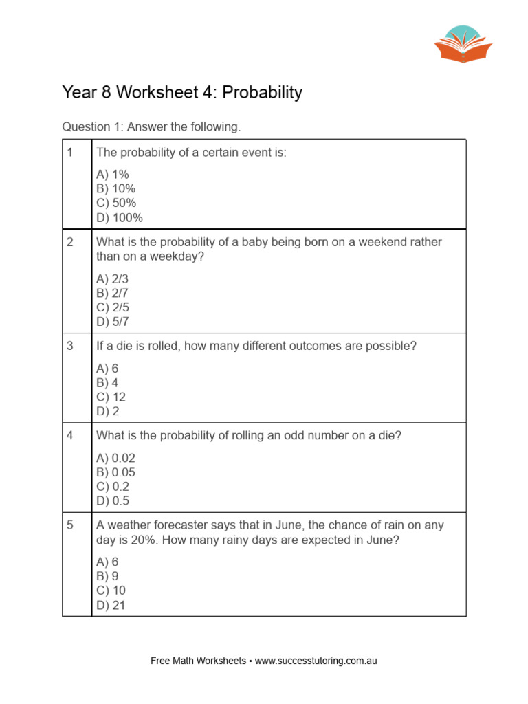 Year 8 Probability Worksheet Answers | PDF | Odds | Probability